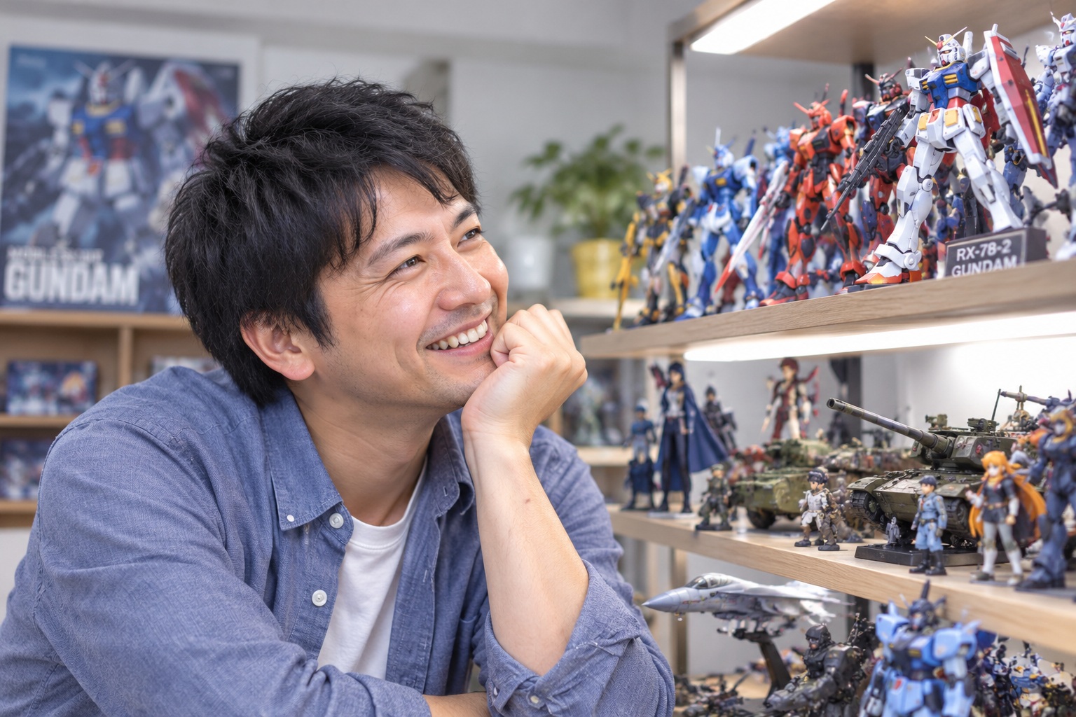 完成したプラモデルを飾って楽しむ男性